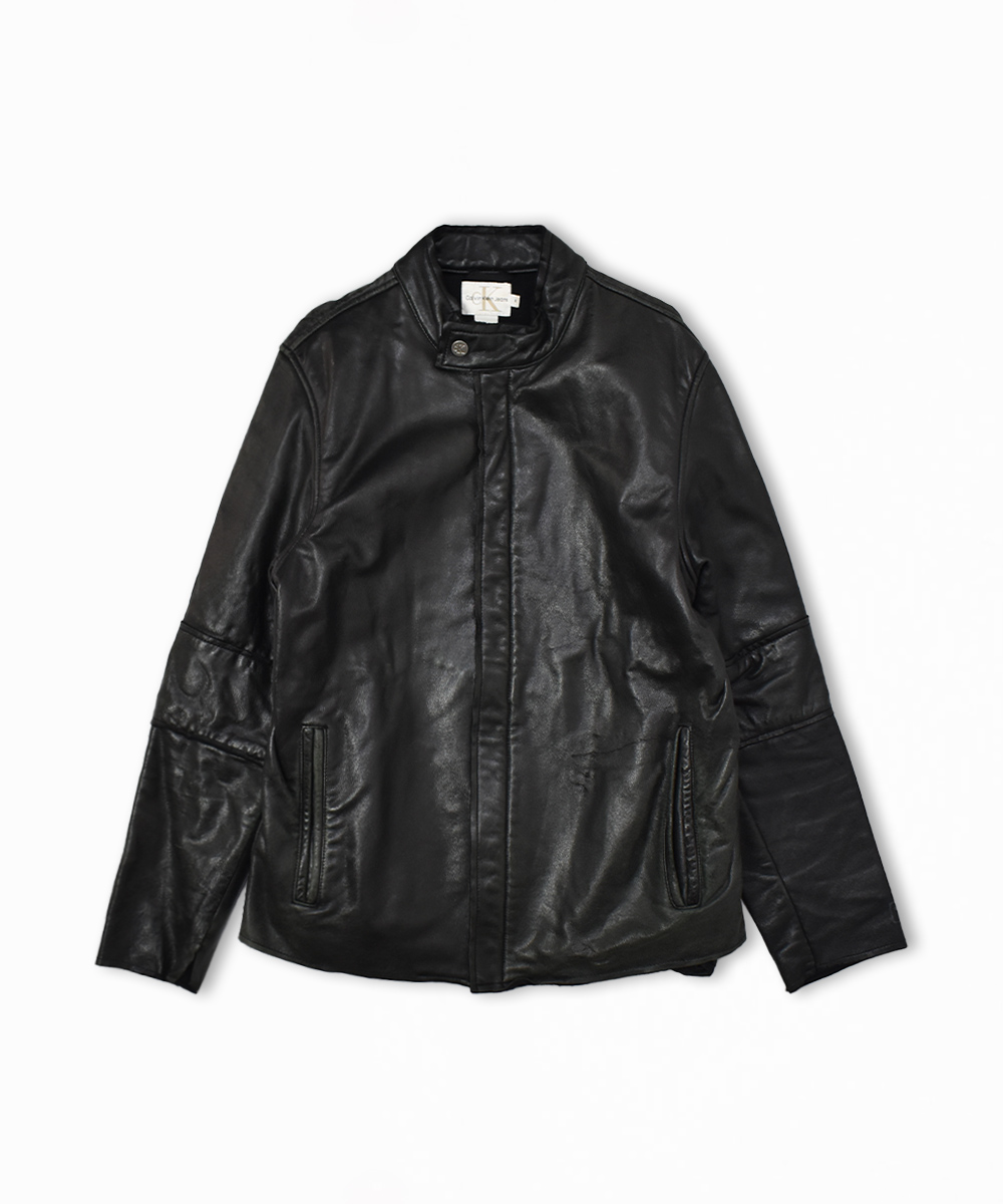 Calvin Klein Jeans バンドカラー レザーライダースジャケット M